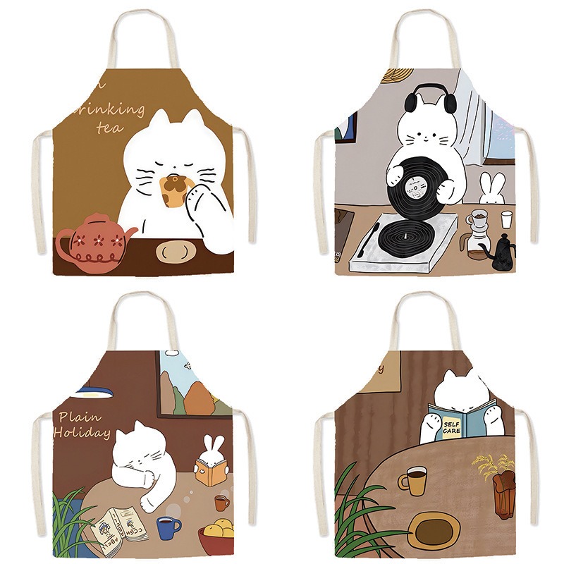Coffee Tea Knits - Celemek Cetak Kucing Putih Lucu, Nyaman